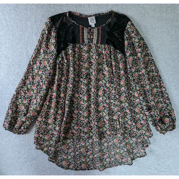 IVY JANES Top Large Boho Busy Floral Burnout High Lo Peasant Chiffon Ruffle Lace - Picture 1 of 11